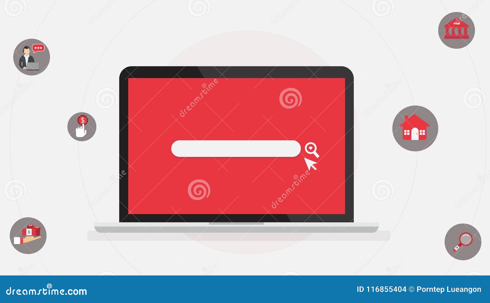 computer laptop with search tab and business icons on white background.computer and internet searching concept