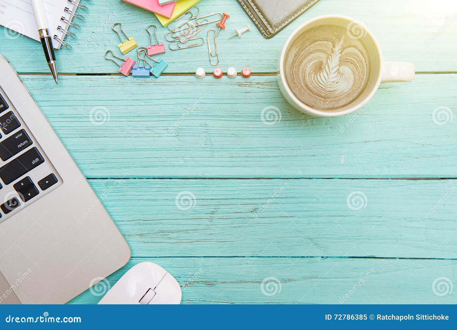 Computer Laptop Working Desk Concept on the Wooden Floor Pastel Stock