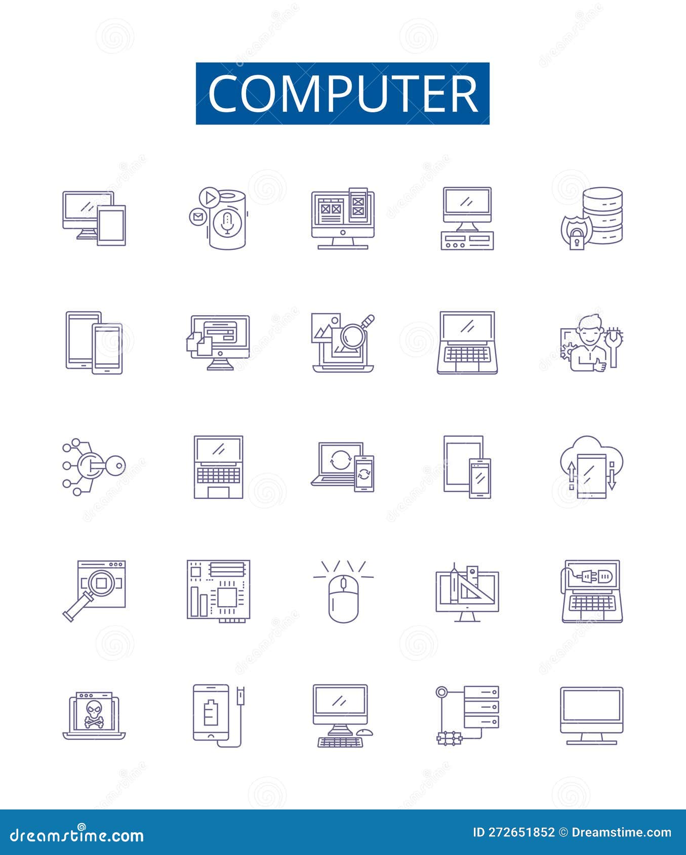 computer line icons signs set.  collection of hardware, software, data, network, monitor, keyboard, mouse