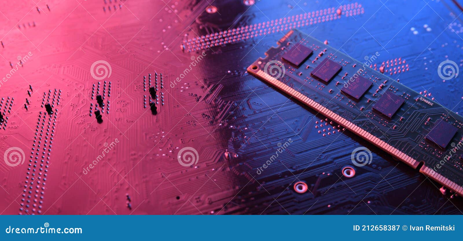 Computer Memory RAM On Circuit Motherboard Background . Close Up