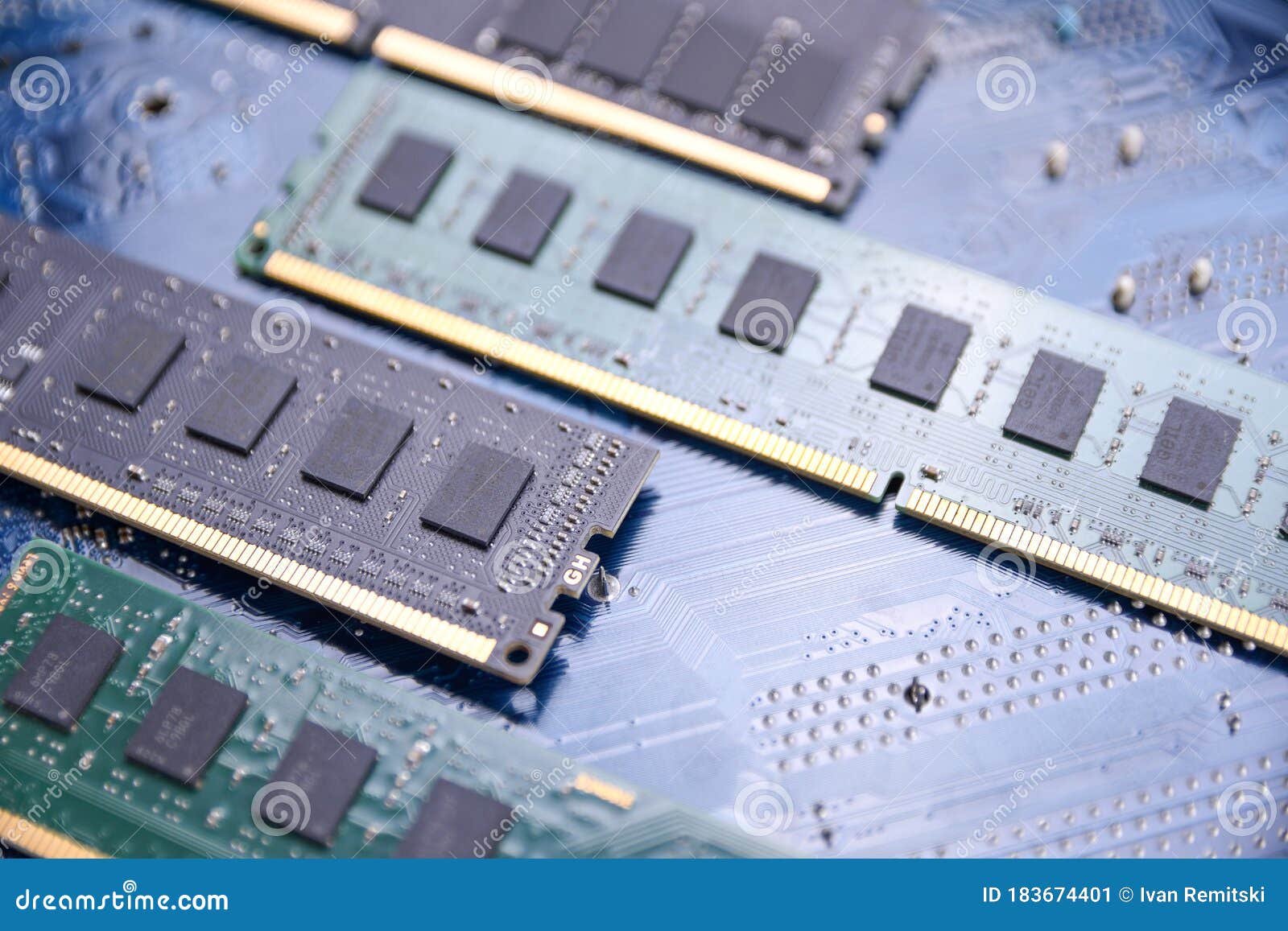 Computer Memory RAM on Motherboard Background . Close Up. System, Main