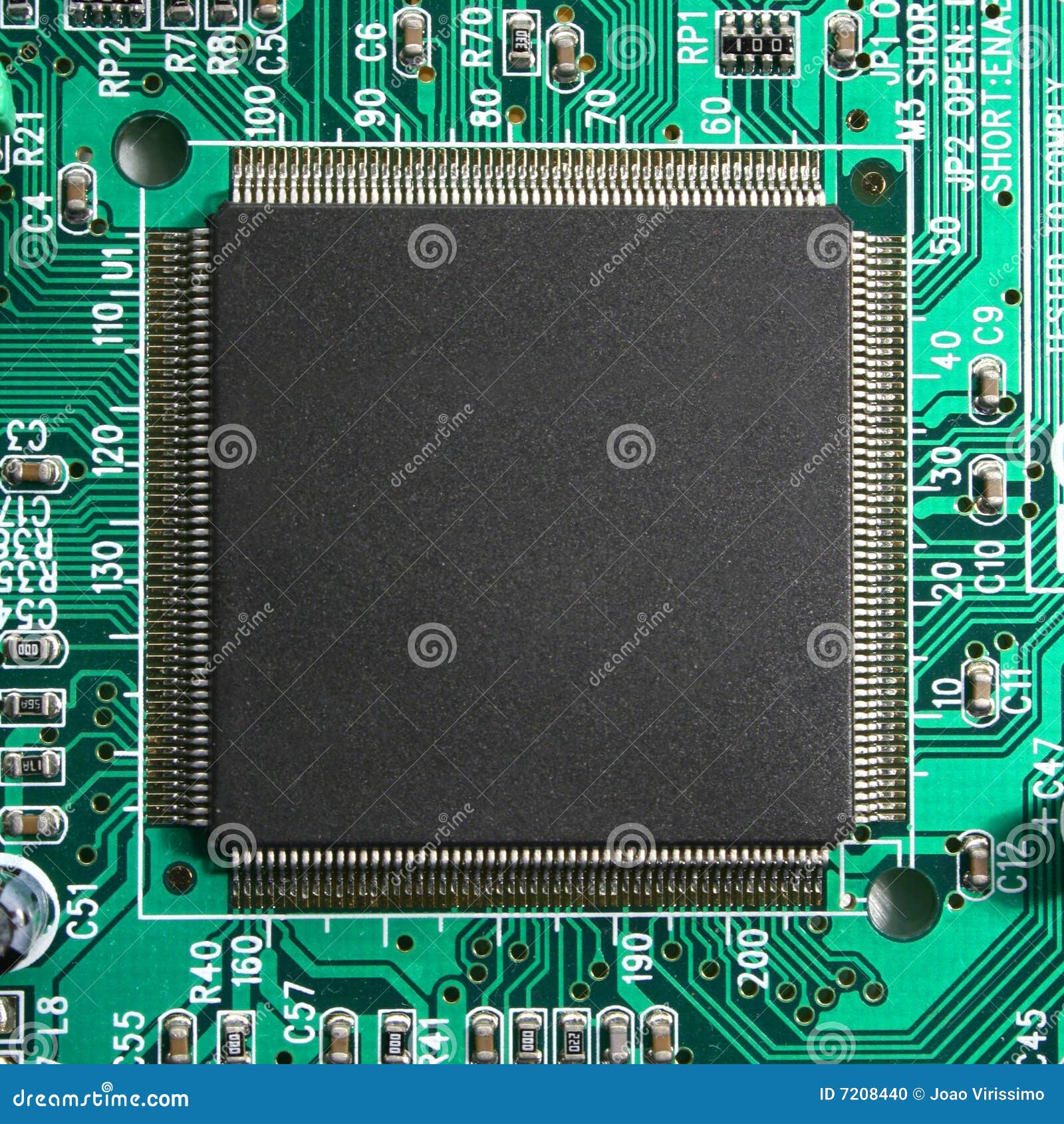 Computer microprocessor chip macro closeup on a green circuit board 