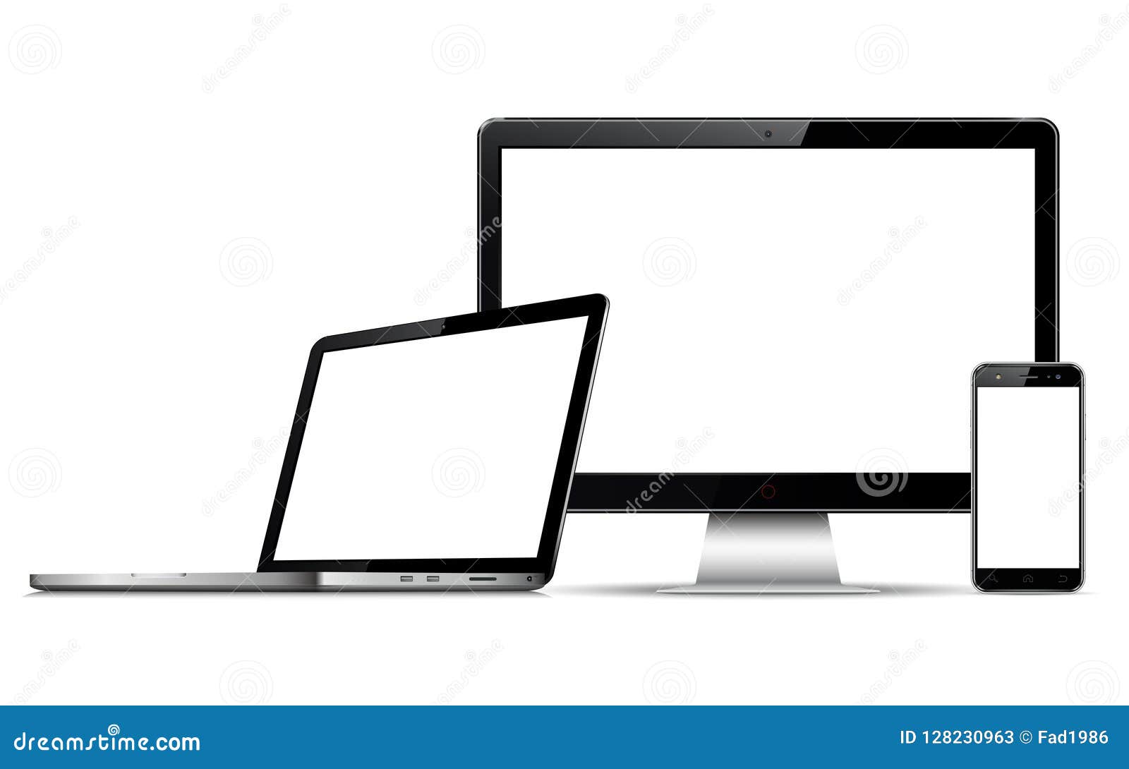 computer monitor, laptop and mobile phone with blank screen