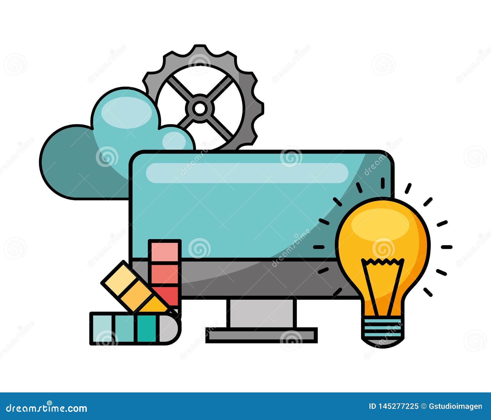 Computer Monitor with Light Bulb and Icons Stock Vector Illustration of modern, electronic