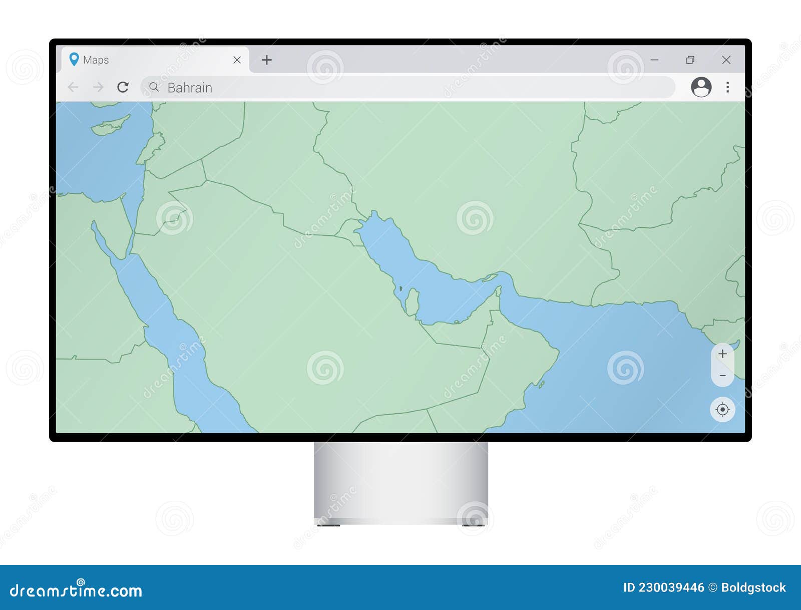 Computer Monitor with Map of Bahrain in Browser, Search for the Country