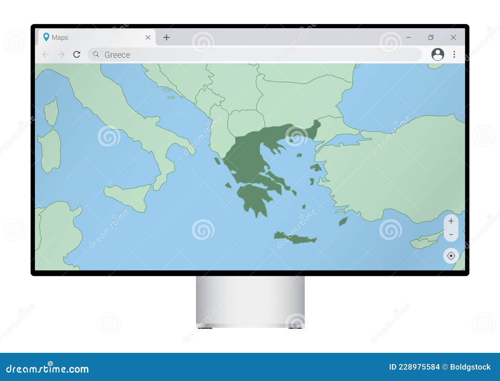 Computer Monitor with Map of Greece in Browser, Search for the Country