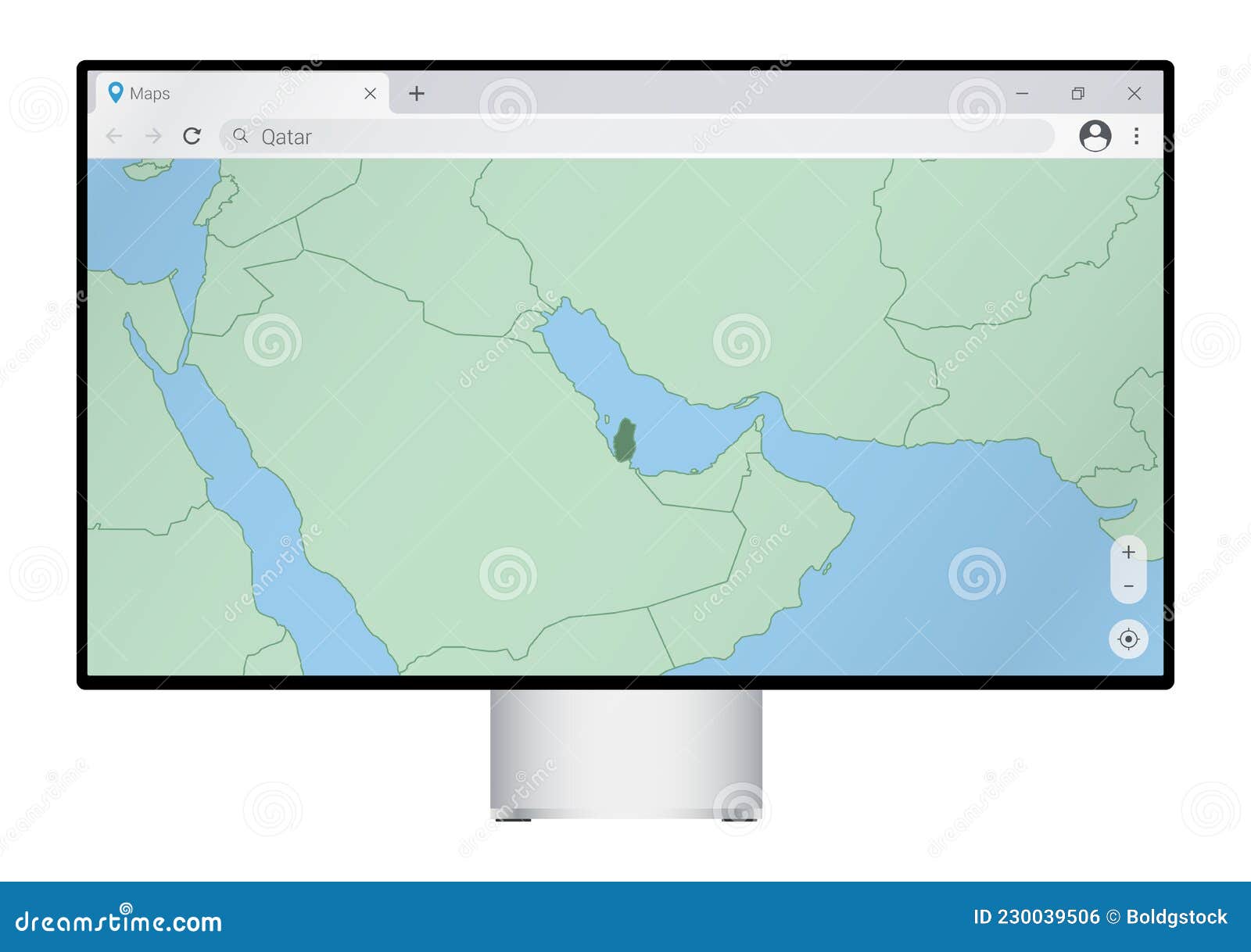 Computer Monitor with Map of Qatar in Browser, Search for the Country
