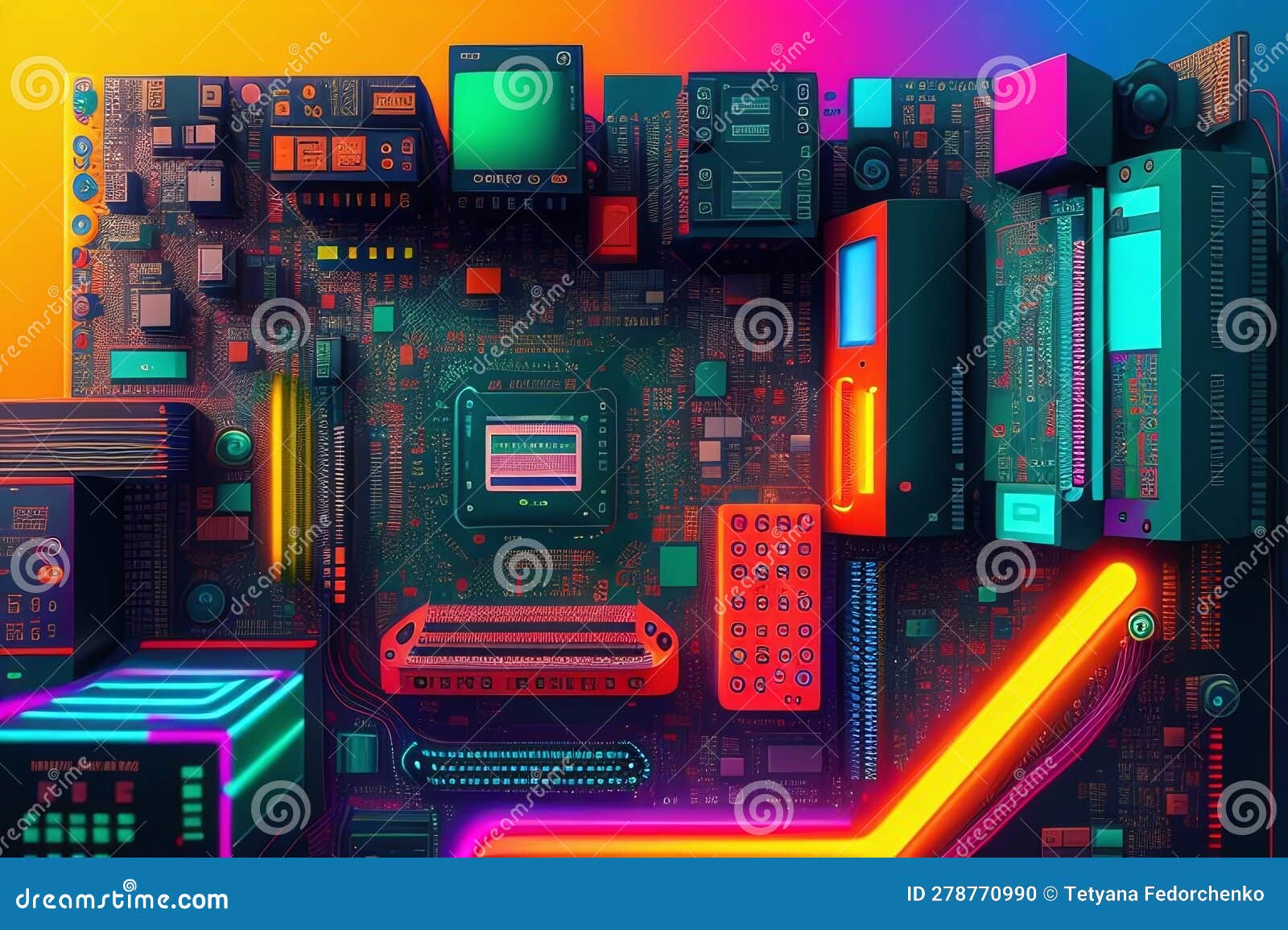 A Computer Motherboard with Neon Lights and a Blue and Yellow