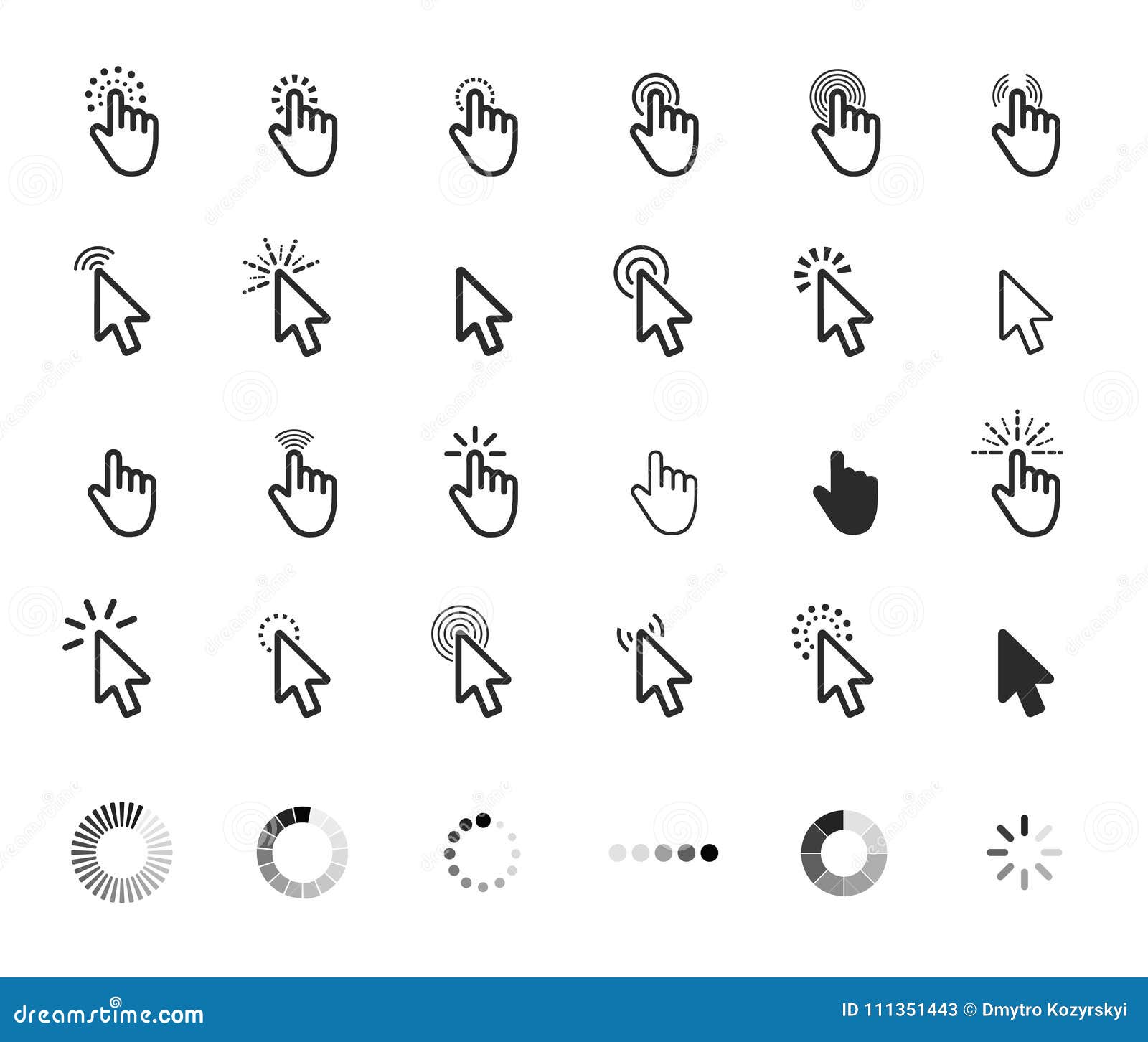 computer mouse click cursor gray arrow icons set and loading icon.  .