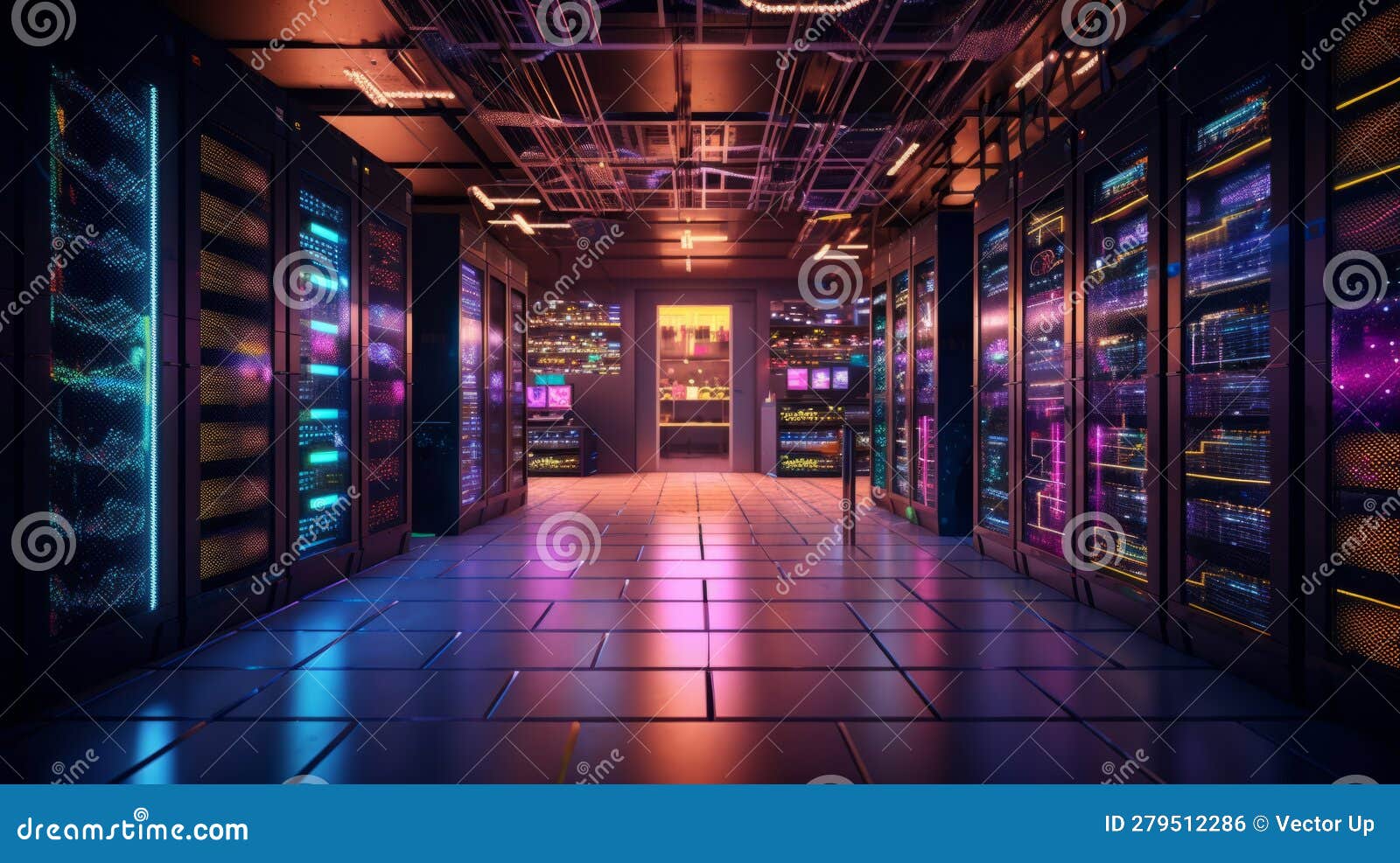 Computer Networking Server Room Warehouse. Generative AI Stock Photo