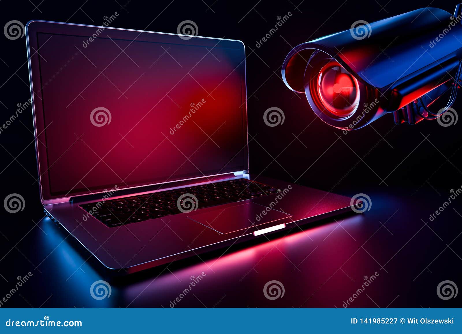 computer observed by hostile looking camera as a metaphor of stalking or malicious software observing and tracking user. copy