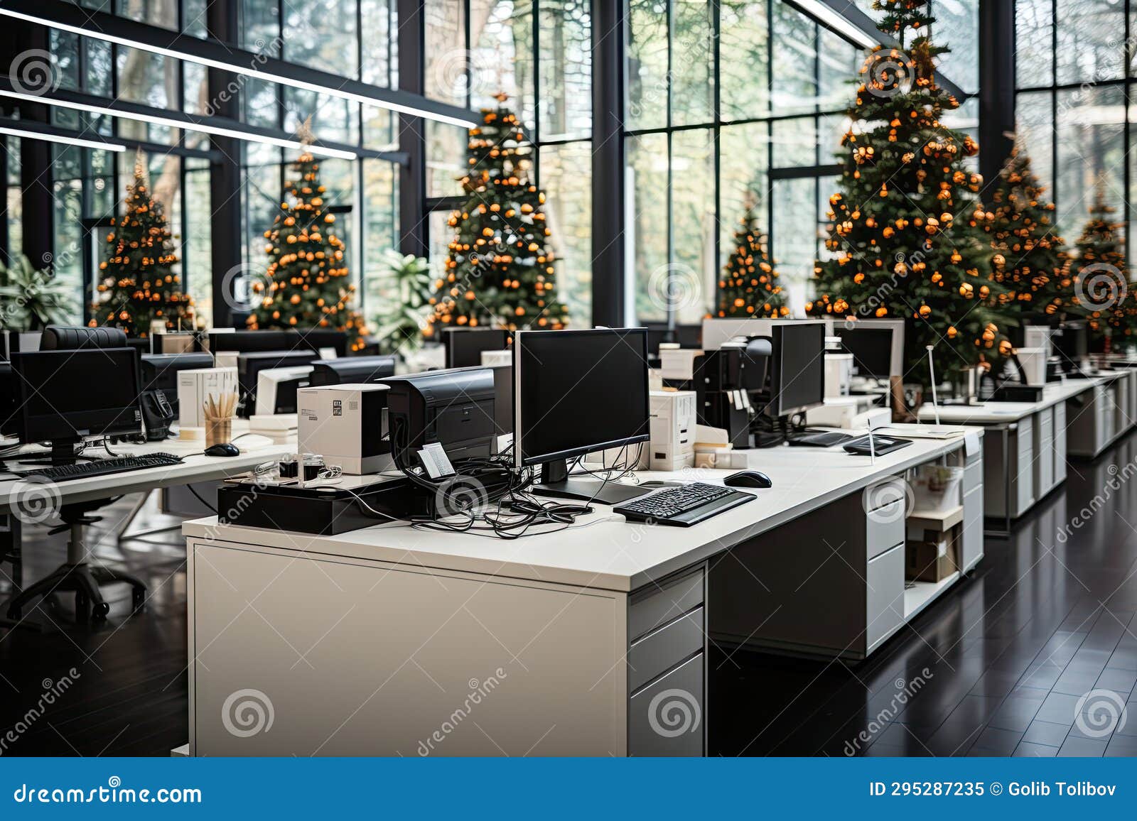 A Computer Office with Christmas Trees in the Background Stock Image
