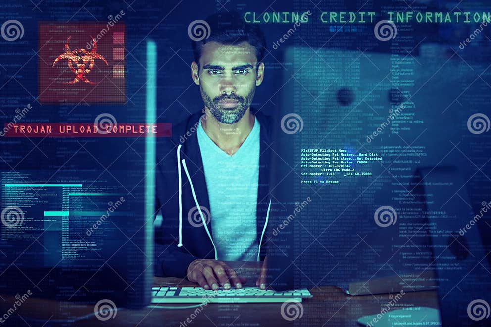 Computer, Overlay and Man at Night for Virus Upload, Coding and ...
