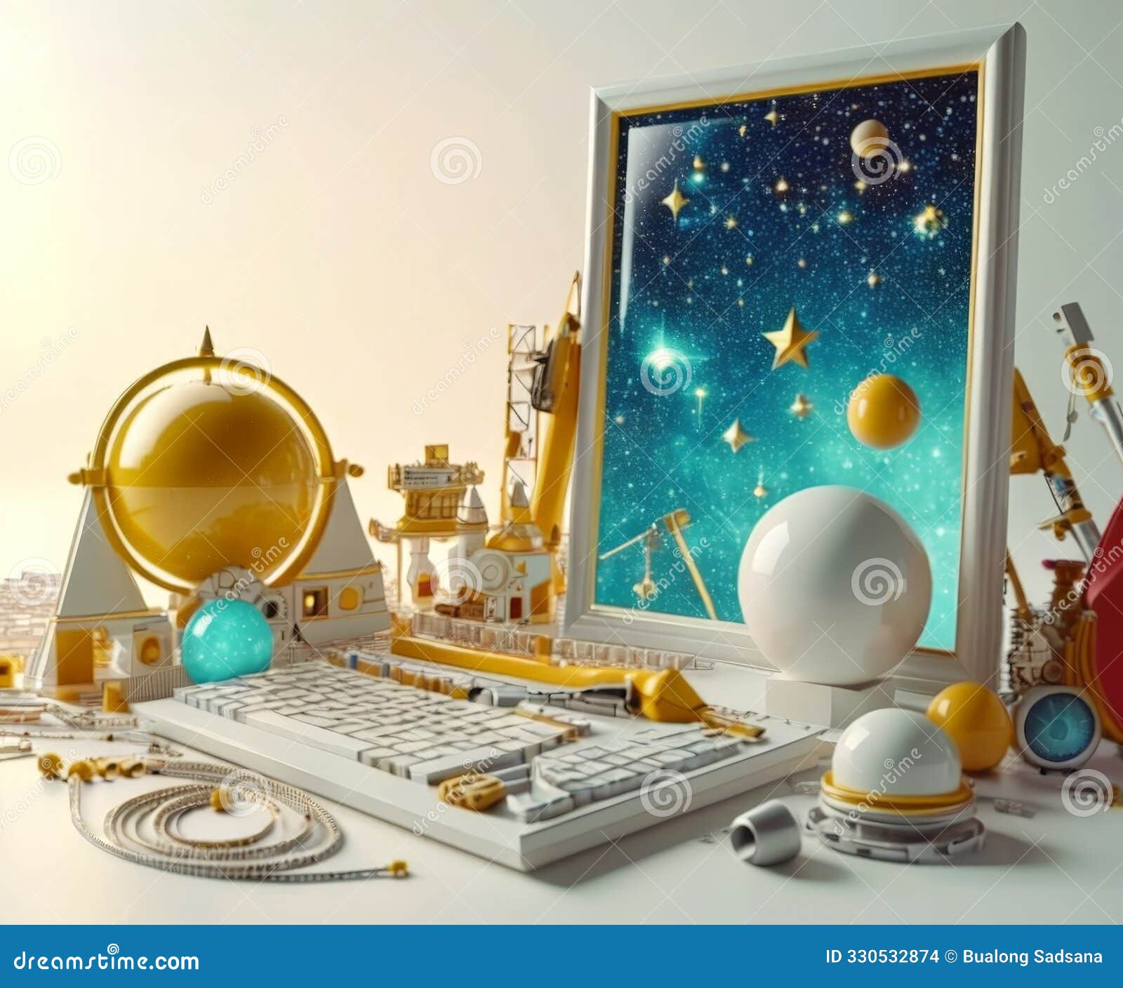 computer with picture frame and various objects