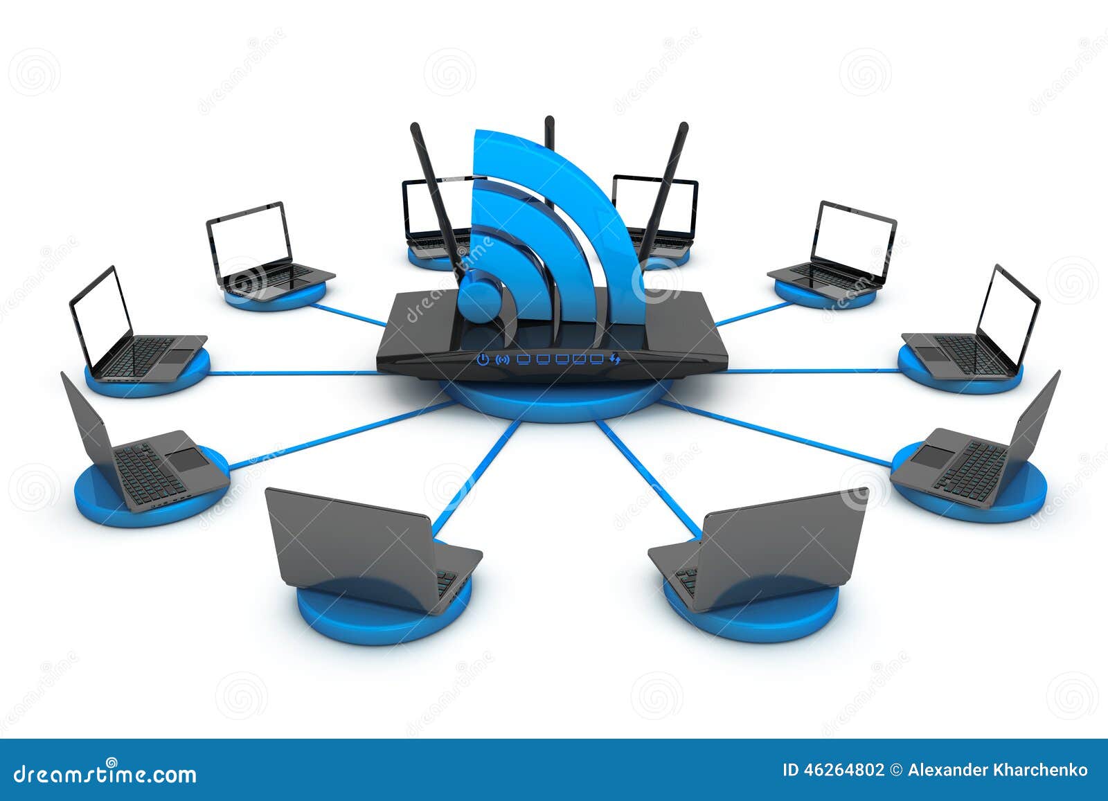 Computer portatili intorno al router di WIFI su un fondo bianco