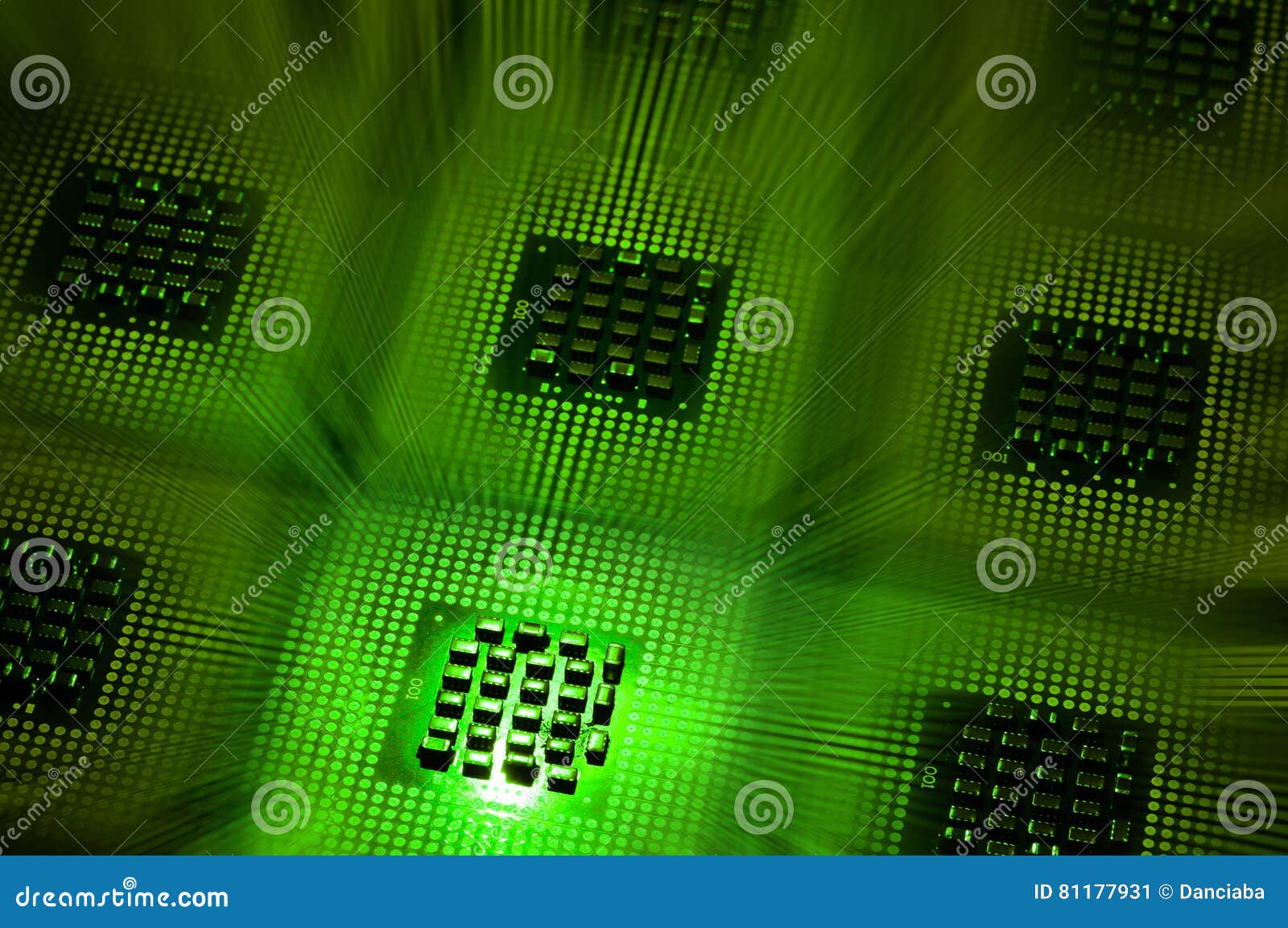 computer processors aligned with green lighting effects postproduction