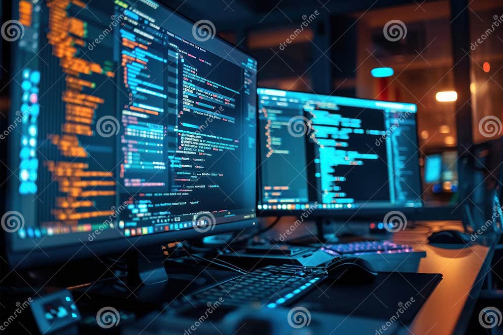 Computer Programmer Writing Code on Multiple Monitors at Night Stock ...