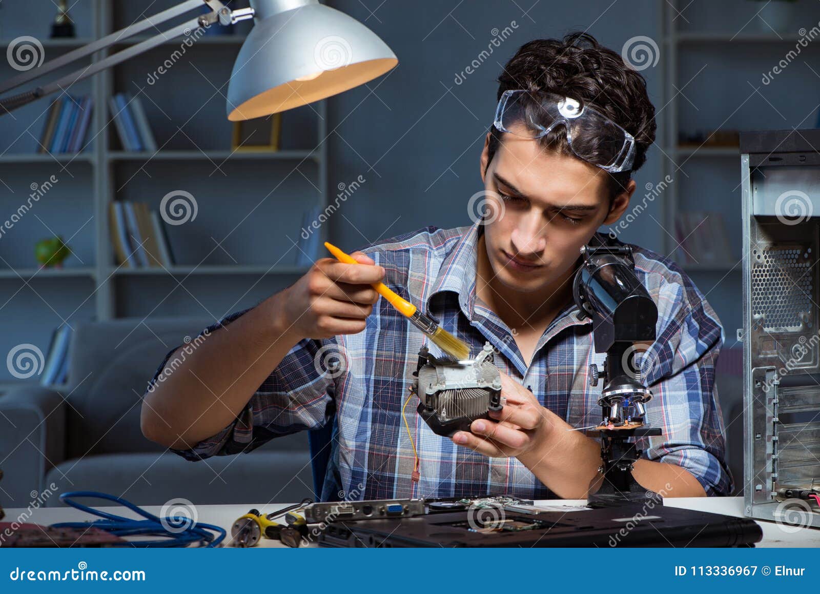 The Computer Repair Man Cleaning Dust with Brush Stock Image Image of