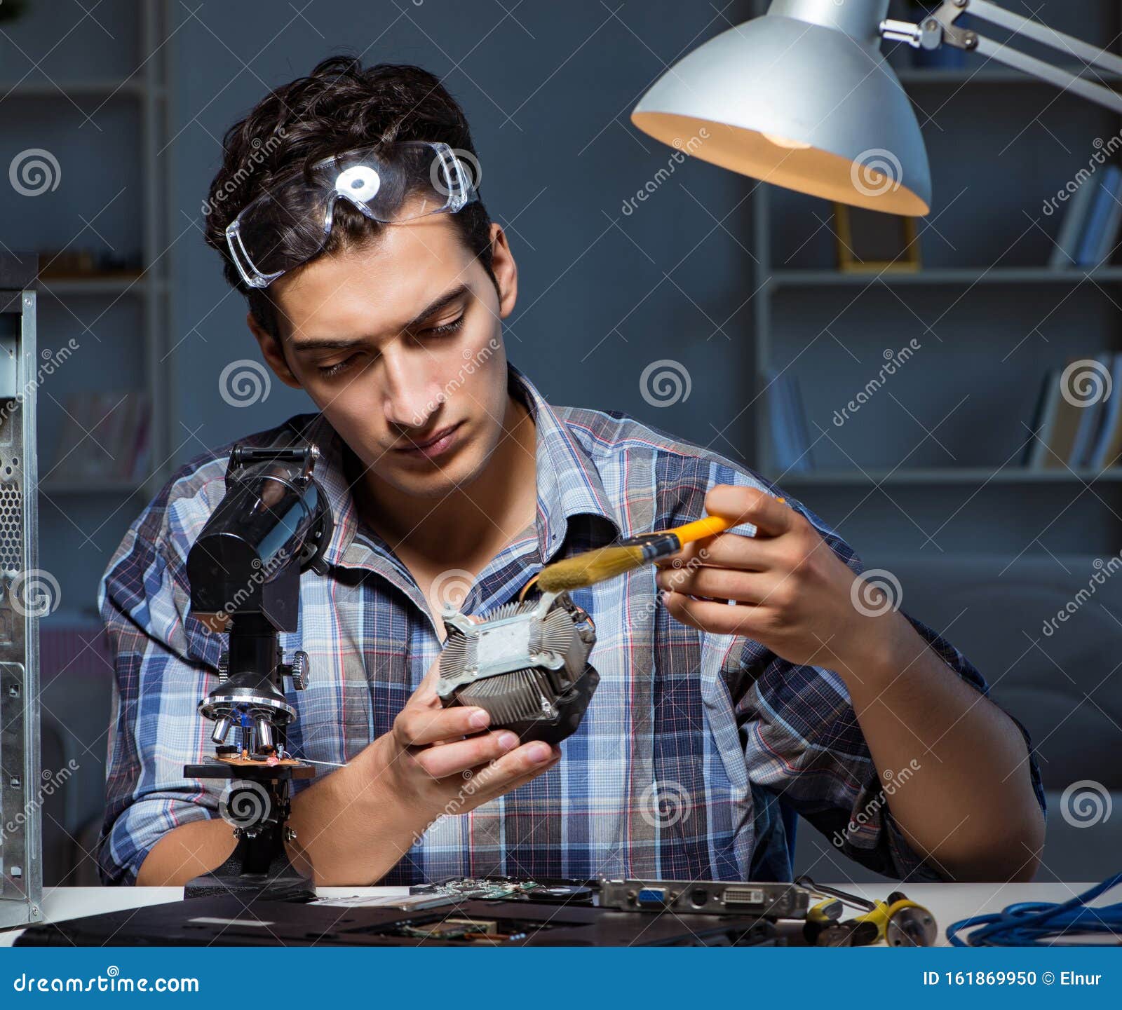 Computer Repair Man Cleaning Dust with Brush Stock Photo Image of