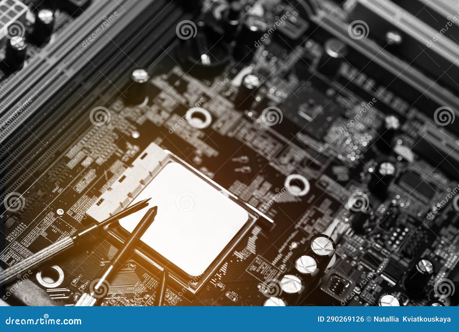 Computer Repair. Motherboard, Processor and Screwdriver Closeup Stock