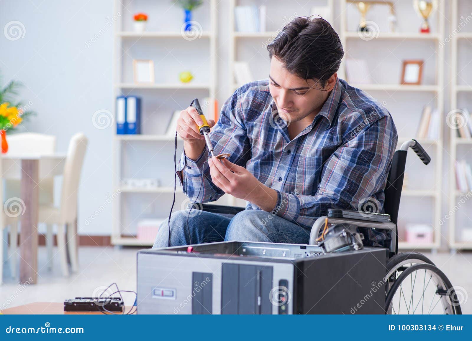 The Computer Repairman on Wheelchair Working Stock Photo Image of