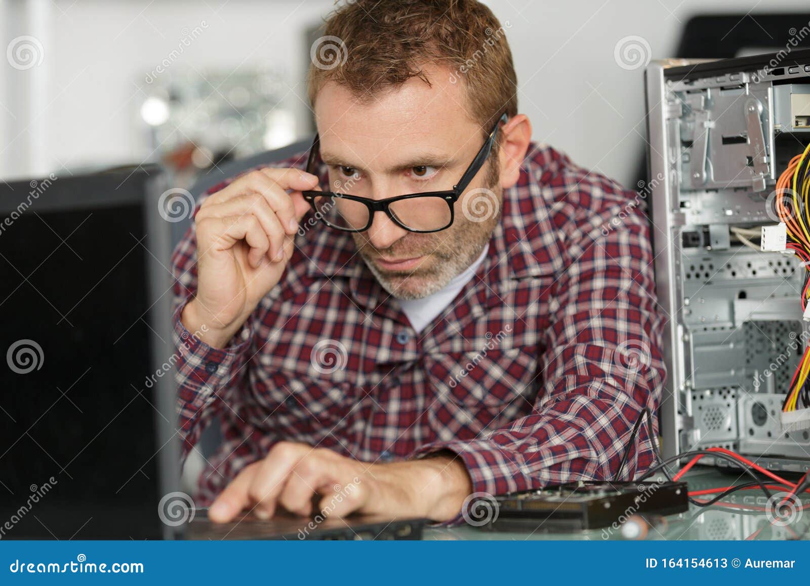 Computer Repairman on Wheelchair Working Stock Image Image of