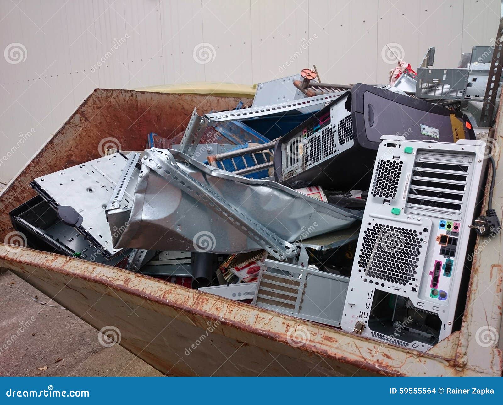 A container with computer scrap recyclables