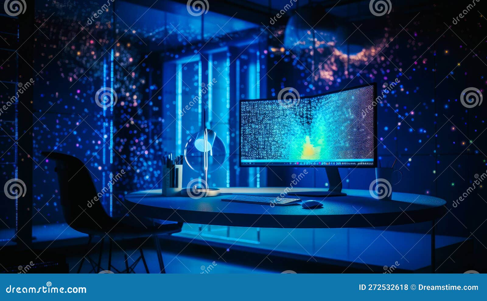Computer Screen in Dark Room with Stars on it. Generative AI Stock
