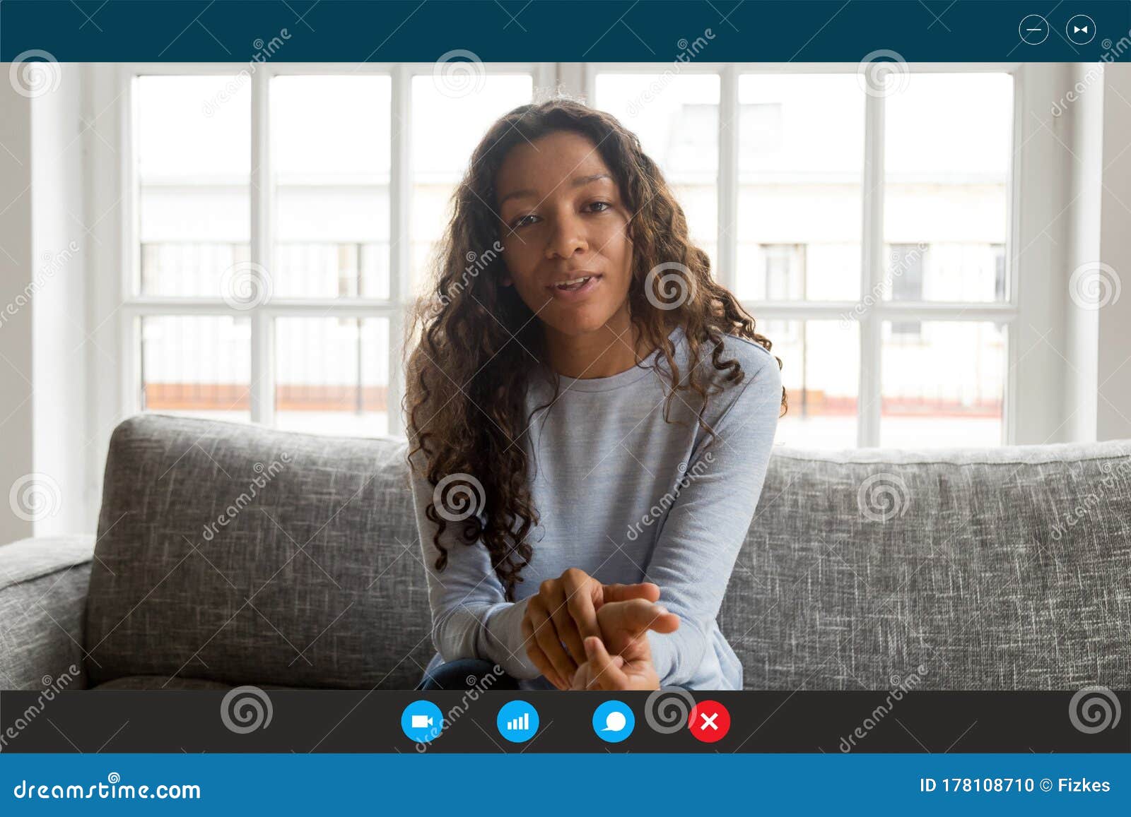 computer screen view woman looking at webcam talking using videocall