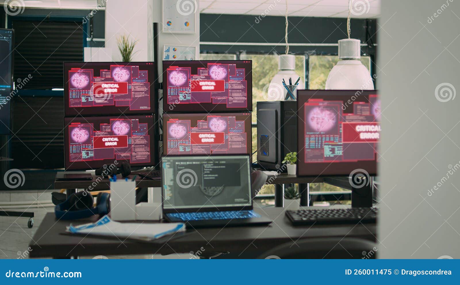 Computer Screens Running Hacking Alert Security Breach in Empty