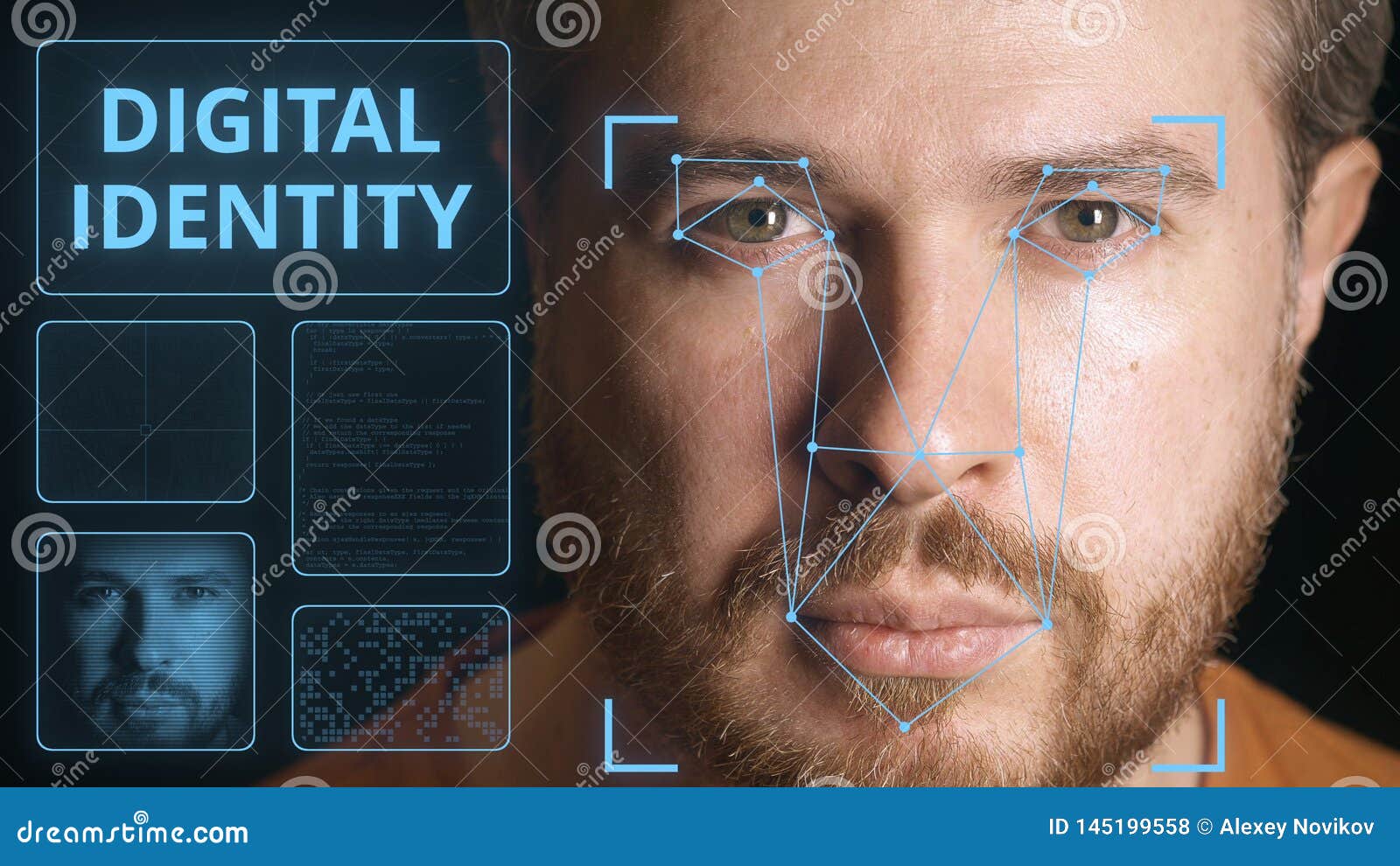 Computer Security System Scanning Caucasian Man`s Face. Digital