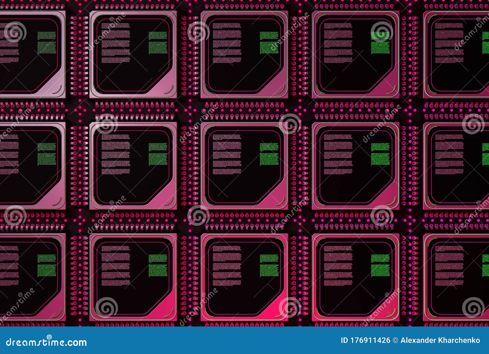computer server concept. silicone wafer with rows of microchip cpu. 3d rendering