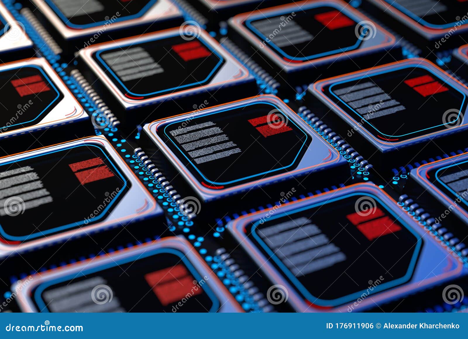 computer server concept. silicone wafer with rows of microchip cpu. 3d rendering