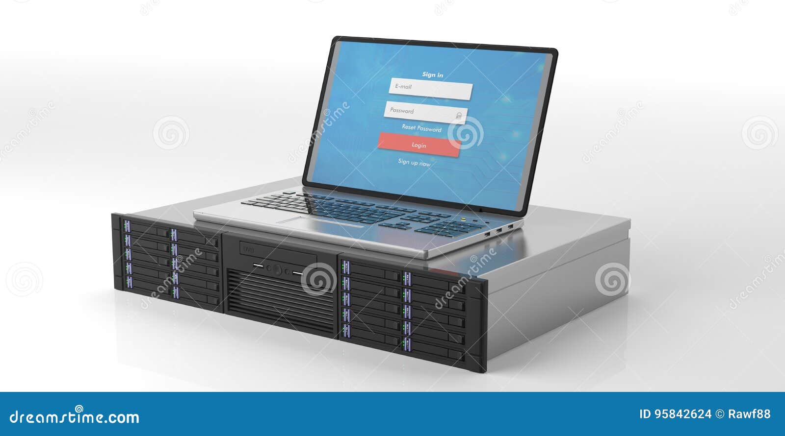 Computer Server Storage Unit and Laptop on White Background. 3d