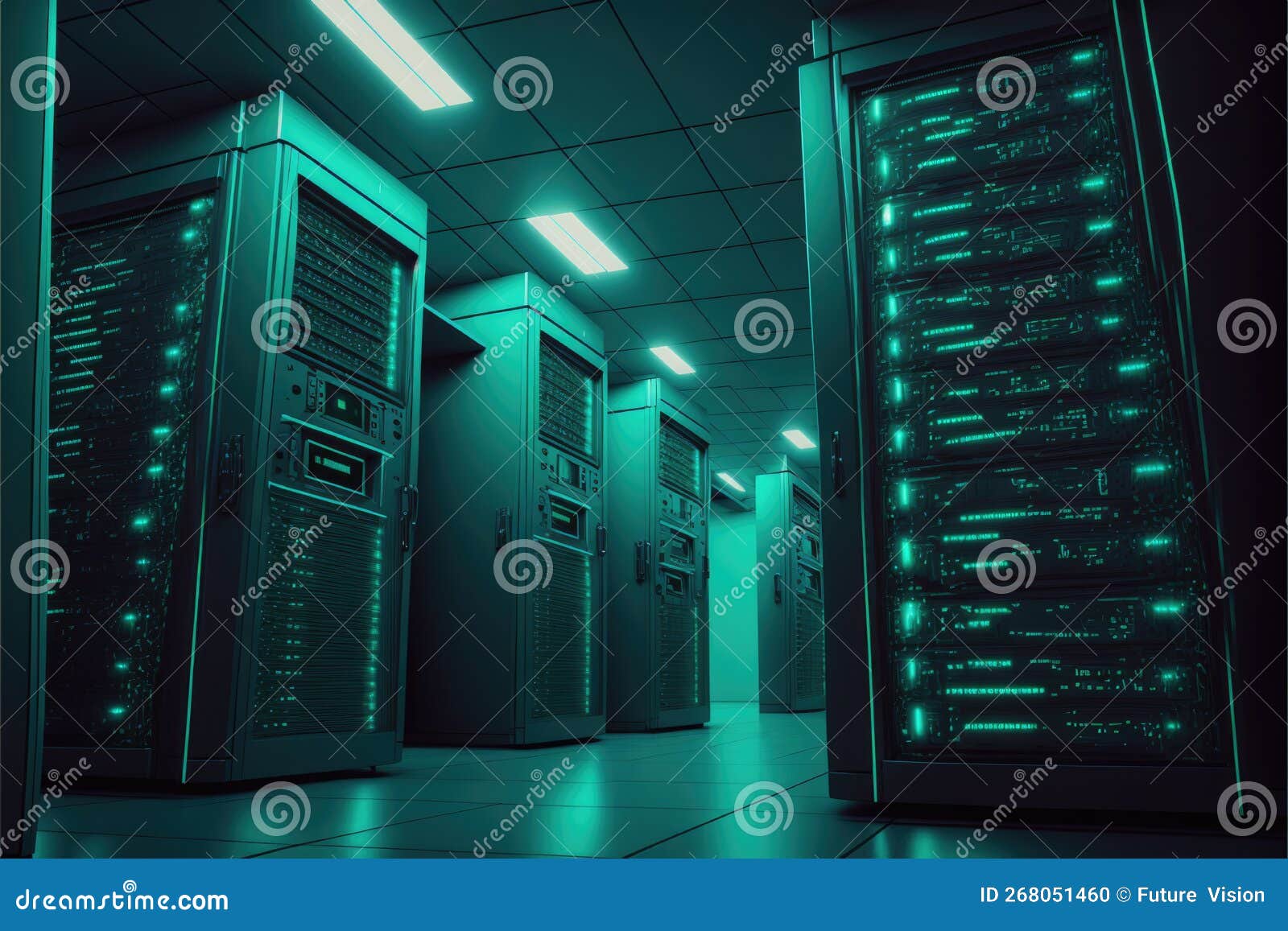 Computer Servers with Green Lights in Server Farm, Created Using