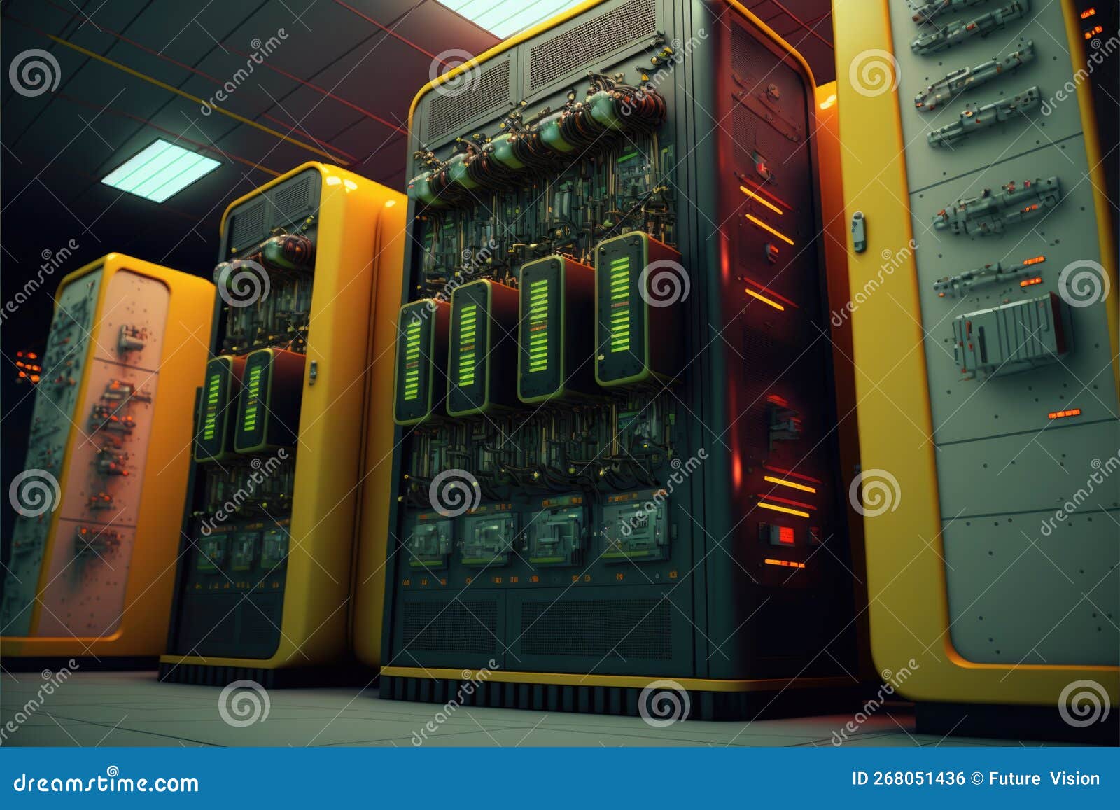 Computer Servers with Orange Lights in Server Farm, Created Using