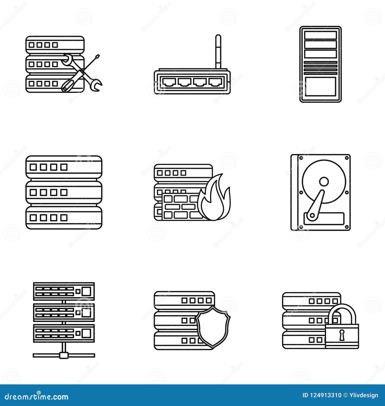 Computer Setup Icons Set, Outline Style Stock Illustration