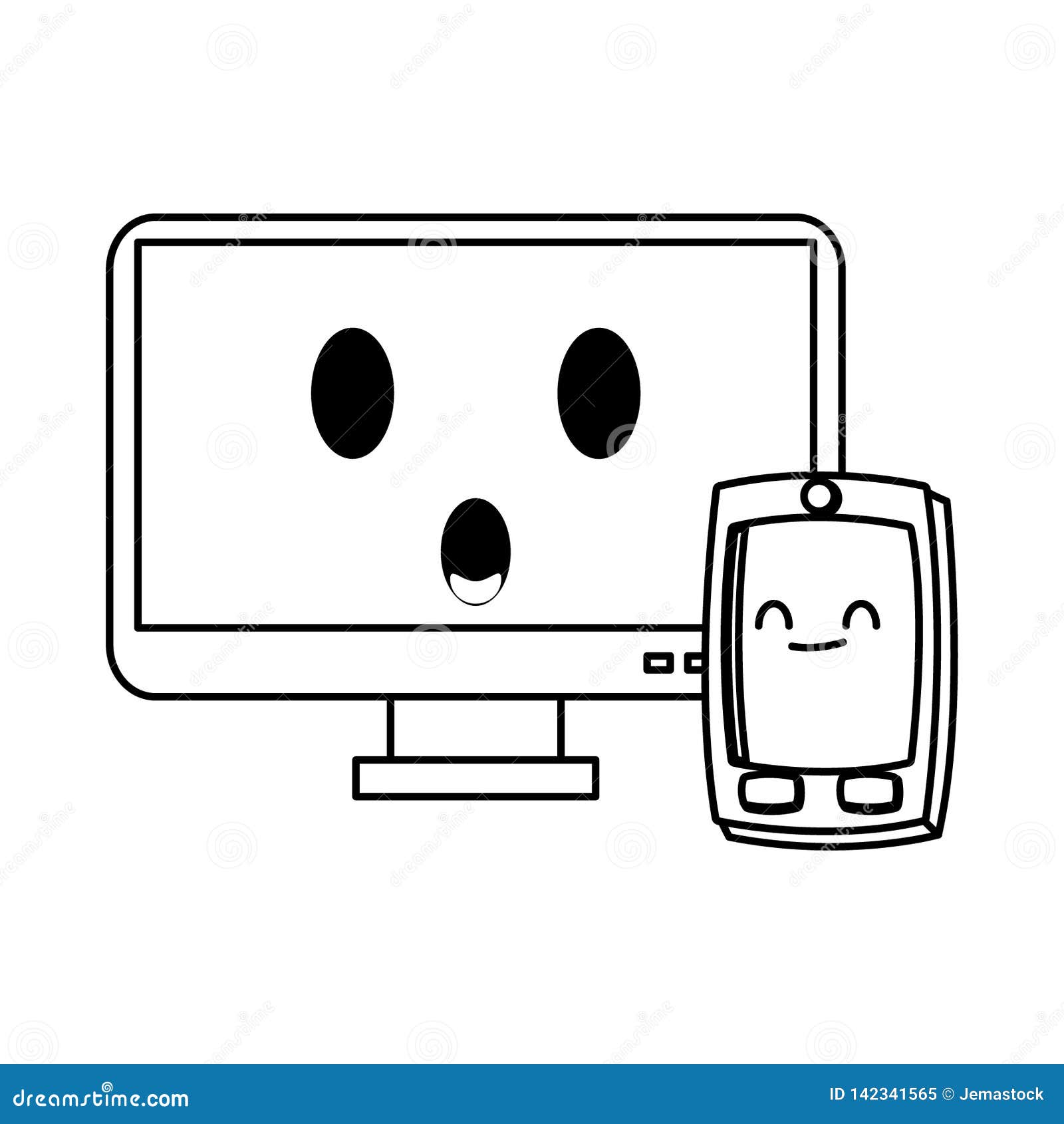 Computer and Smartphone Kawaii Cartoon in Black and White Stock Vector ...