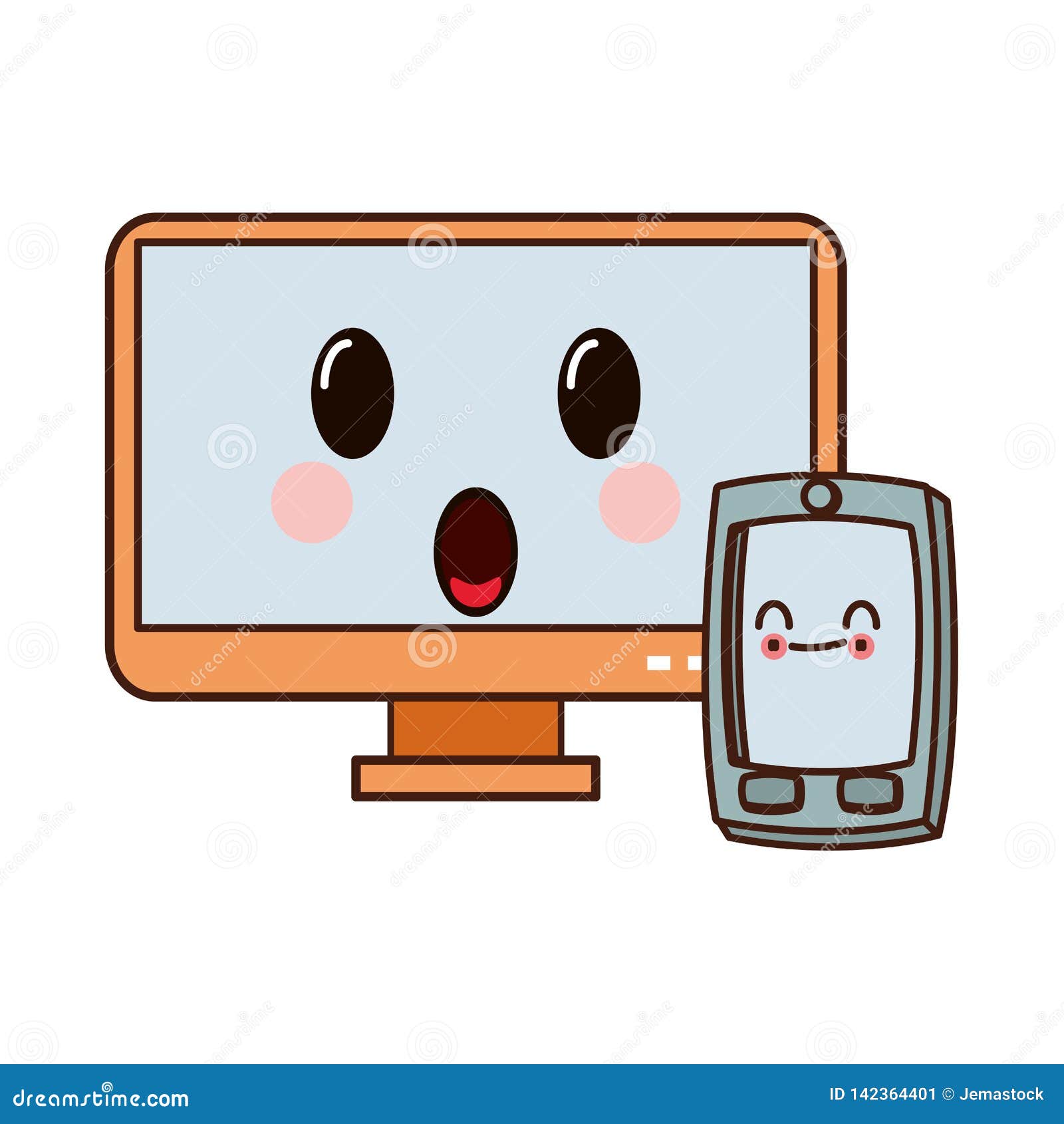Computer and Smartphone Kawaii Cartoon Stock Vector - Illustration of ...