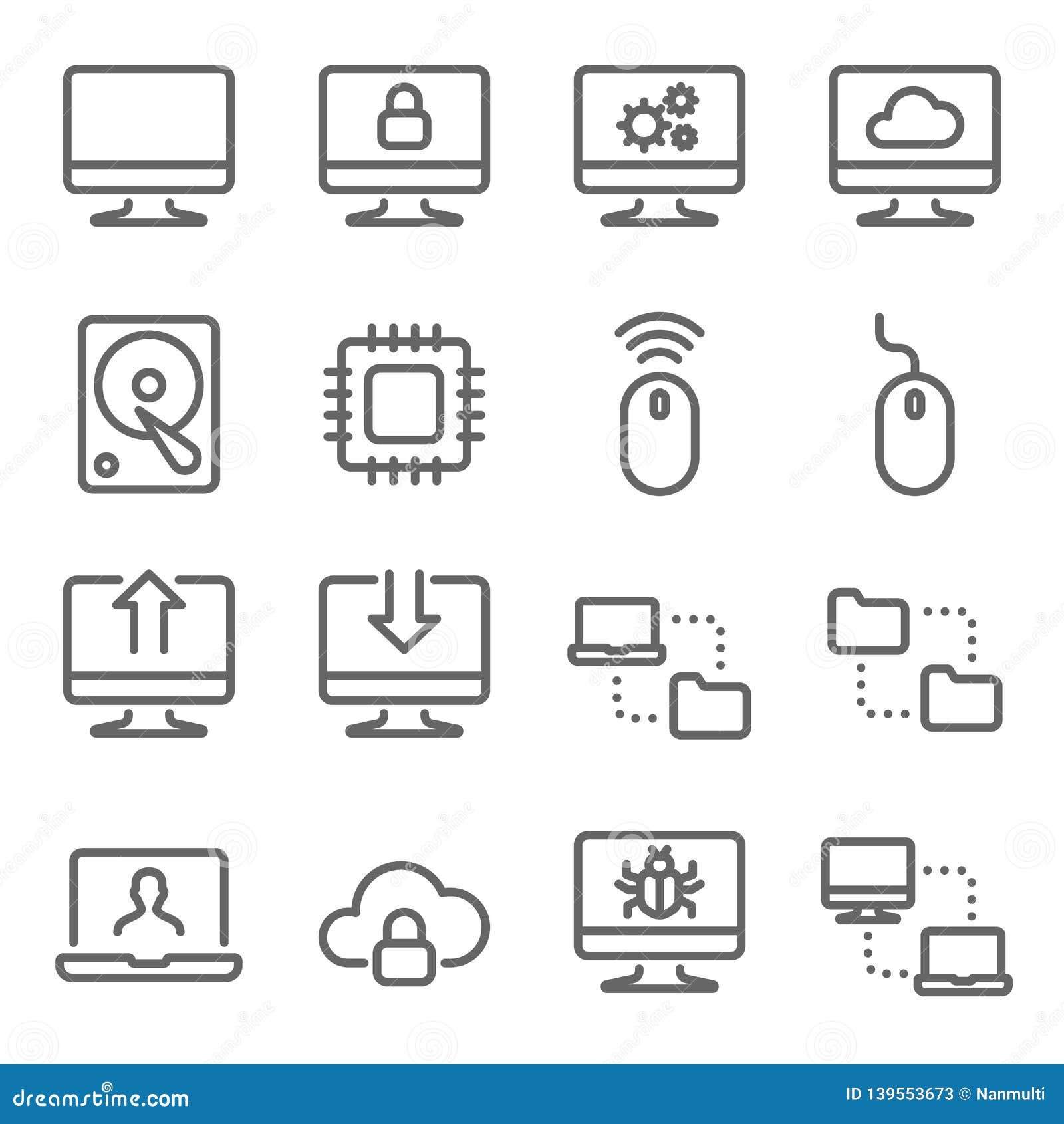 computer technology  line icon set. contains such icons as cpu, hard disk, synchronize, network and more. expanded stroke