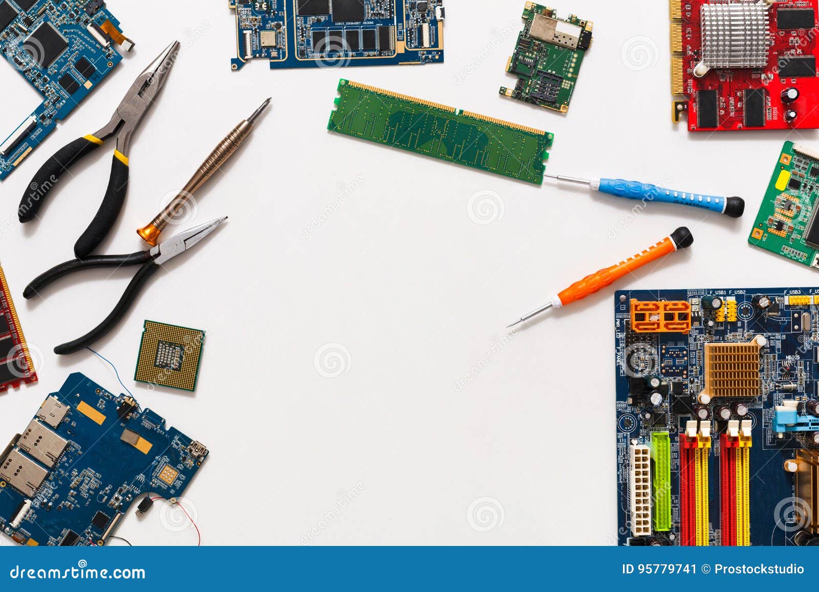 Computer Upgrade. Motherboard and Tools Flat Lay Stock Image Image of