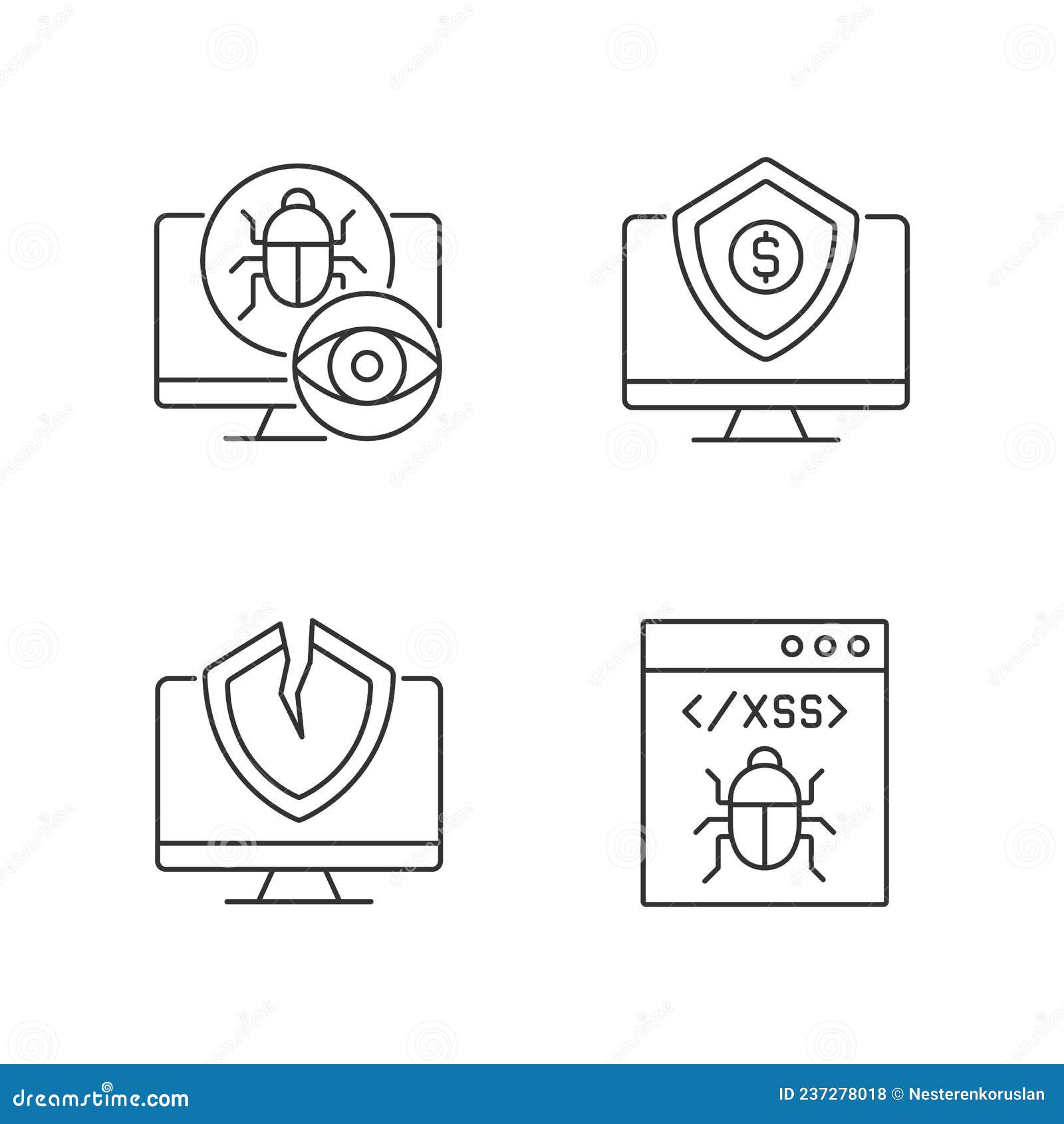Computer Vulnerability Exploitation Linear Icons Set Stock Vector