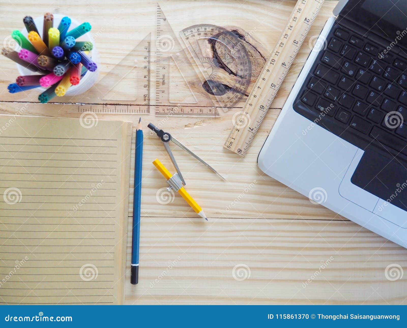 Computers Pencils Notebooks And Drawing Tools On Wooden Boards Meaning Of Design Work Stock Photo Image Of Monitor Occupation