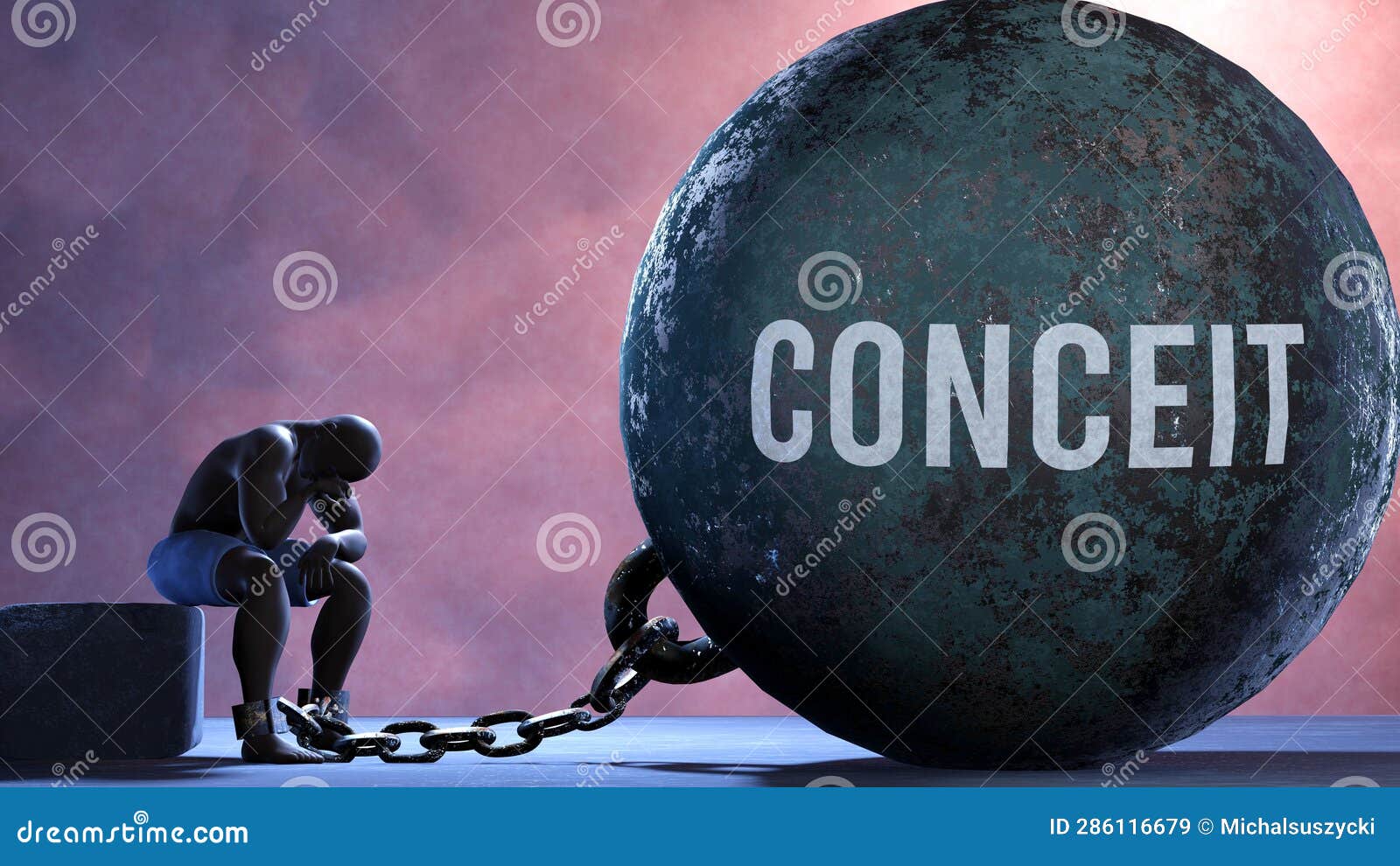 conceit and an alienated suffering human. a metaphor showing conceit as a huge prisoner's ball bringing pain and keeping