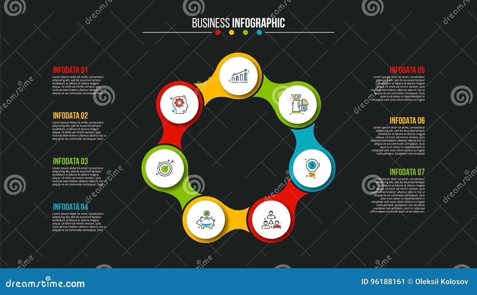 Visualização dos dados comerciais Os elementos abstratos do ciclo diagram com 7 etapas, opções, porções ou processos Molde do negócio do vetor para a apresentação Conceito criativo para infographic Carta de processo