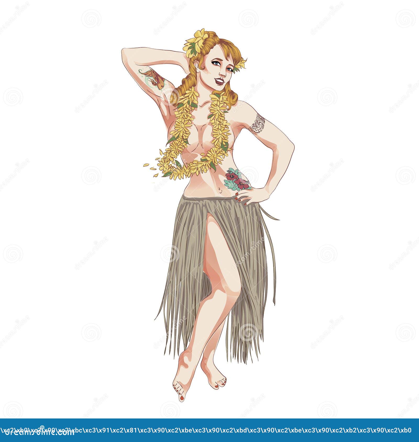 Conceito da dança retro da mulher da mulher no vestido havaiano Dança da menina de hula do vintage na praia