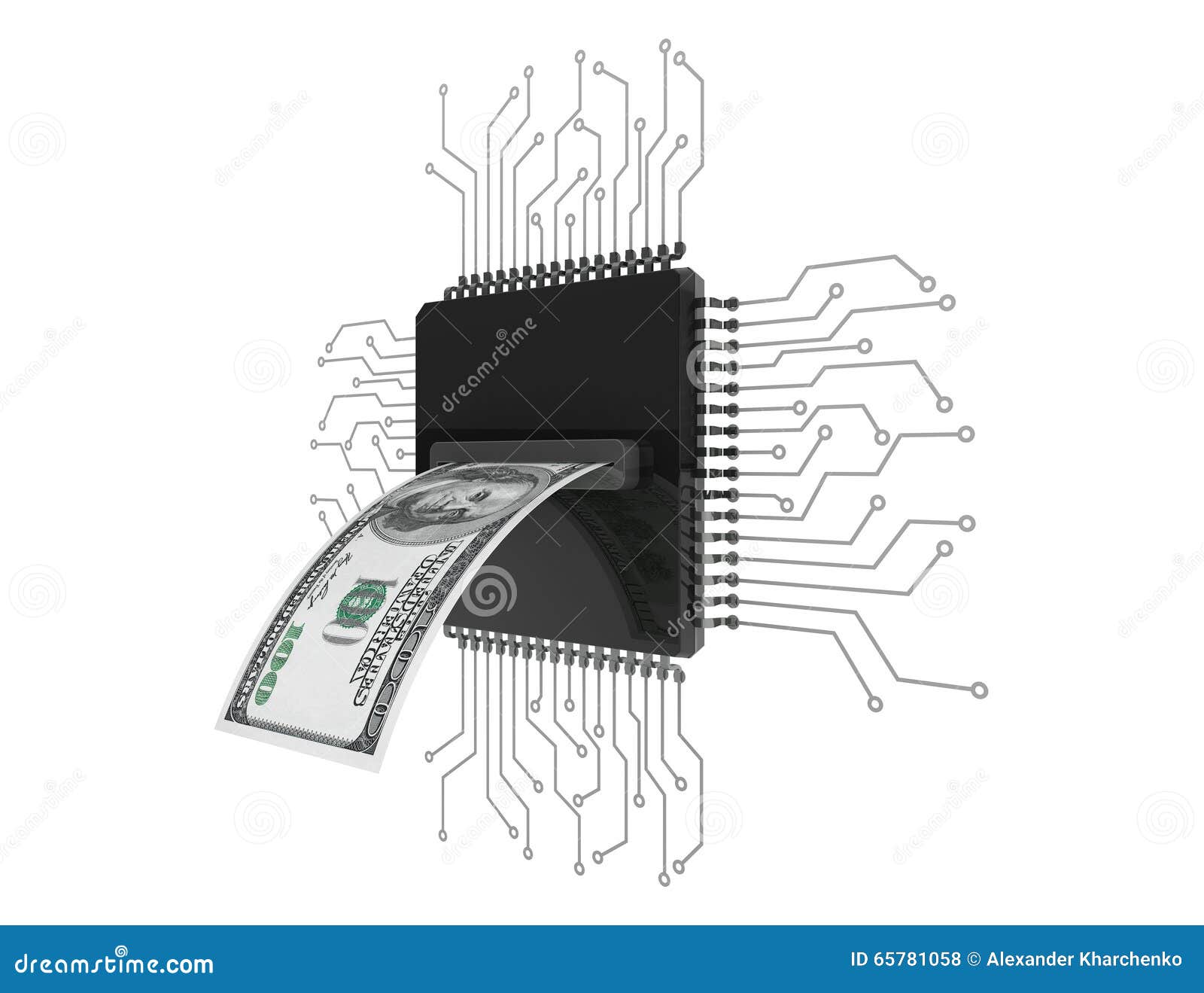 Conceito do dinheiro de Digitas Dólares de Bill sobre os microchip com circuito em um fundo branco