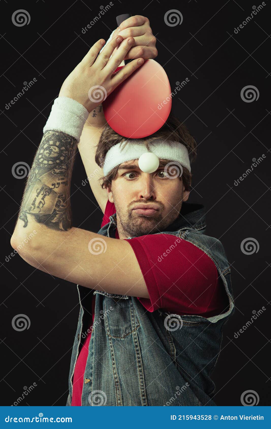 Young Caucasian Funny Man Playing Ping Pong on Black Background. Stock  Photo - Image of casual, paddle: 215943528