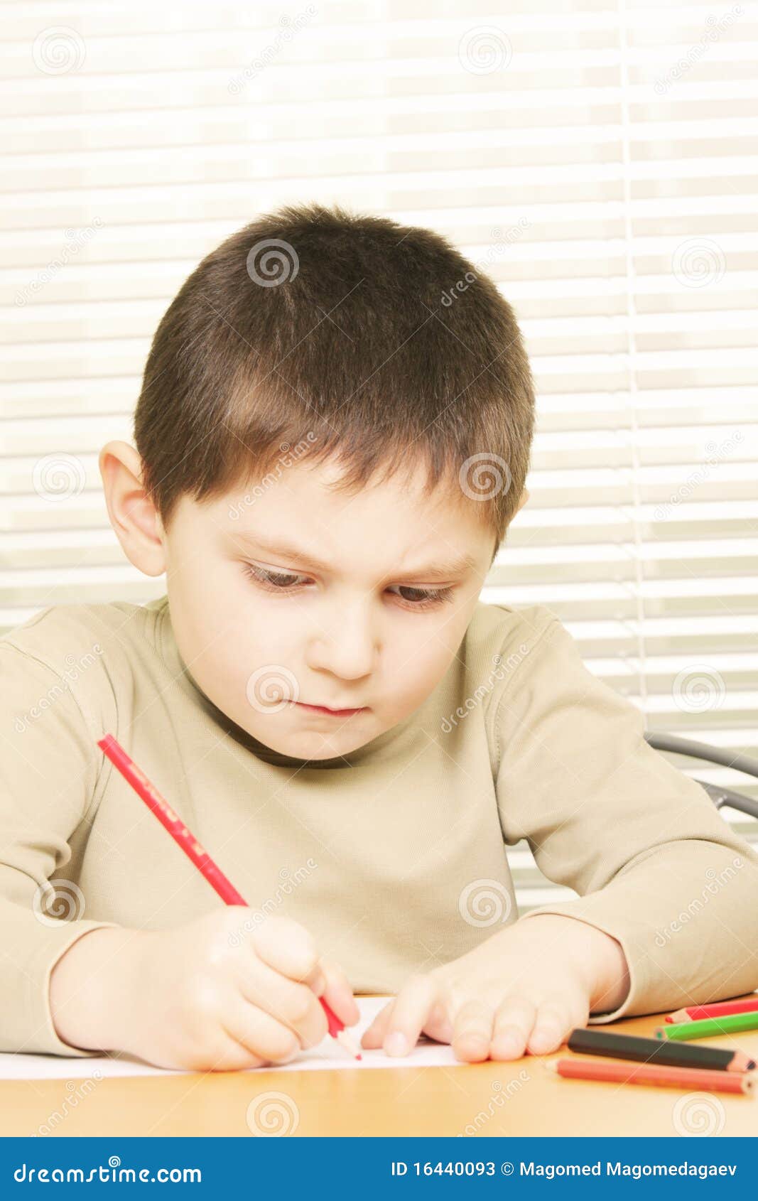 Concentrated Boy Drawing with Crayon Stock Image Image of stationery