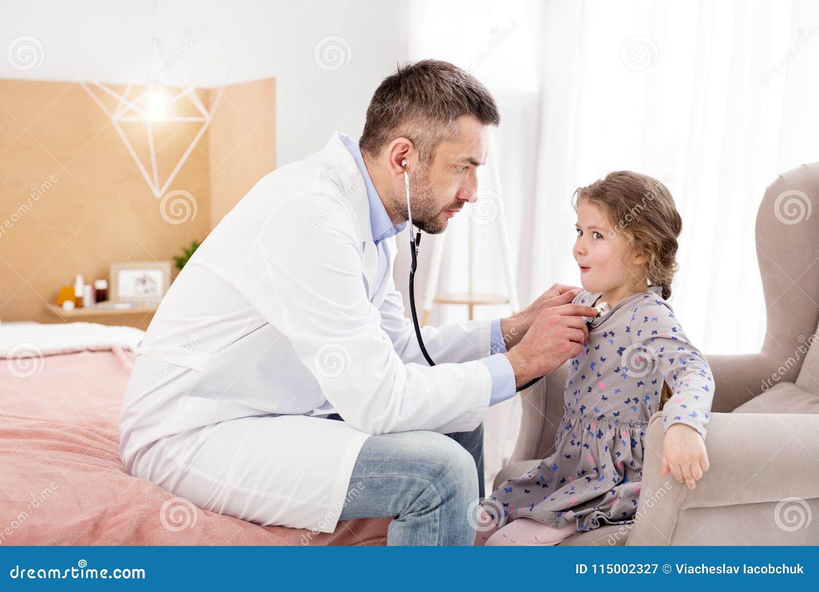 Concentrated Doctor Listening The Girls Heartbeat Stock Image Image